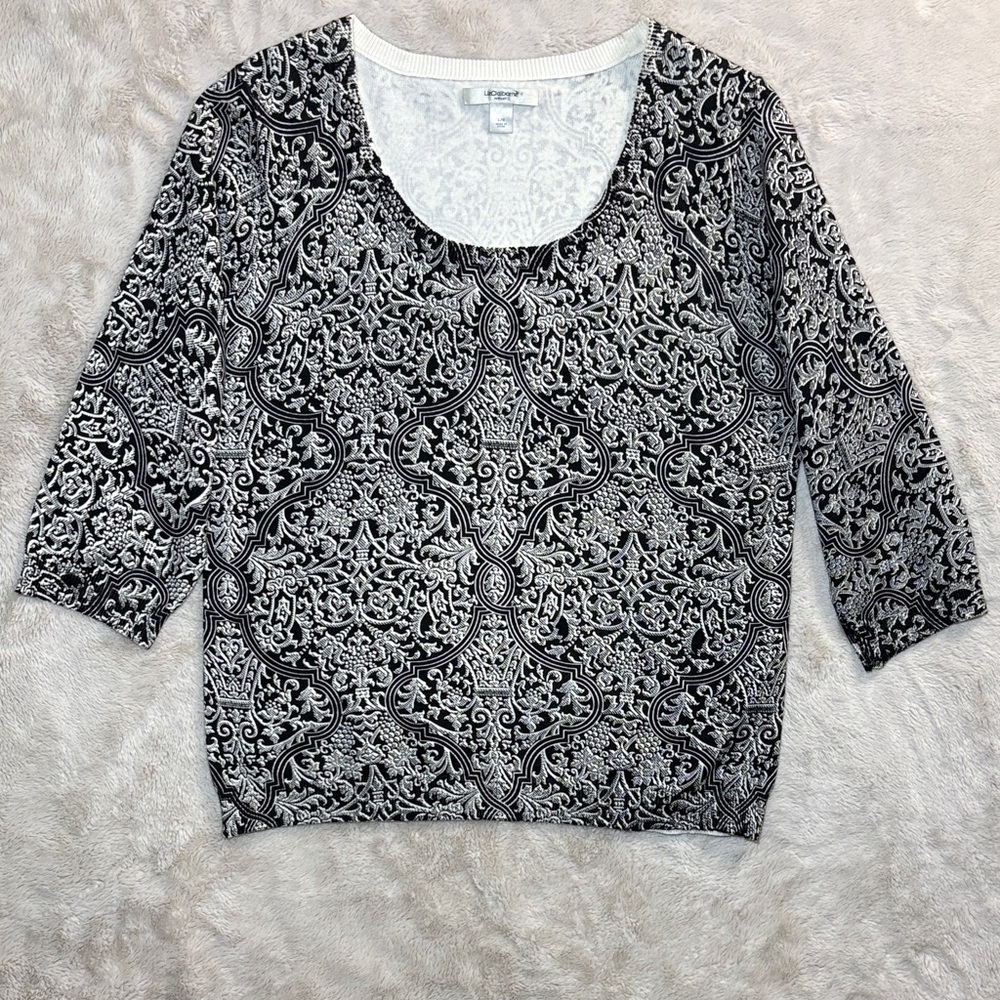 Liz Claiborne Black & White Baroque Print 3/4 Sleeve Top Size L